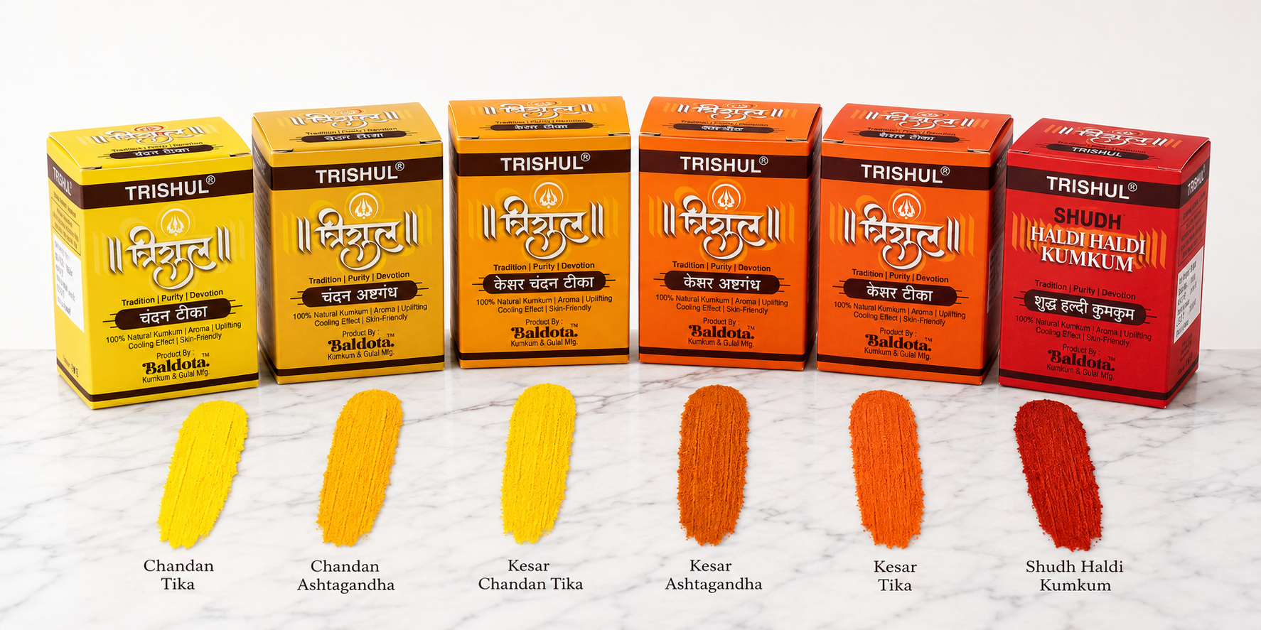 Trishul Complete Product Range — All 6 SKUs with shade swatches
