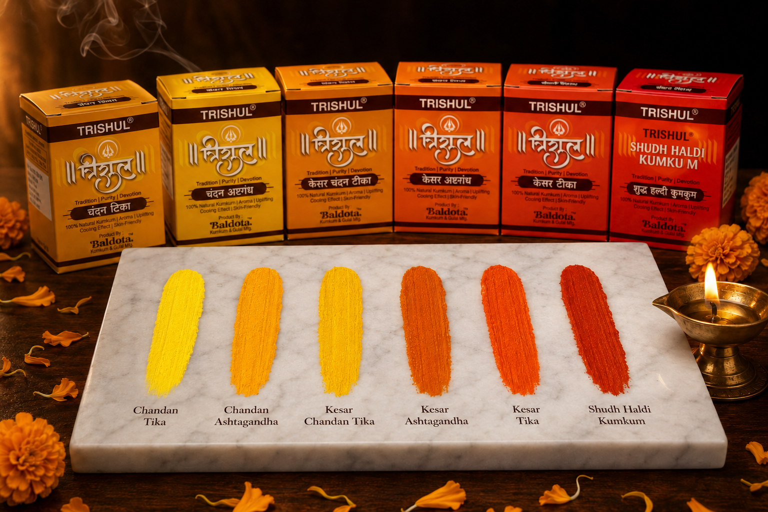 Trishul Complete Puja Product Range — Chandan Tika, Ashtagandha, Kesar, Kumkum by Baldota